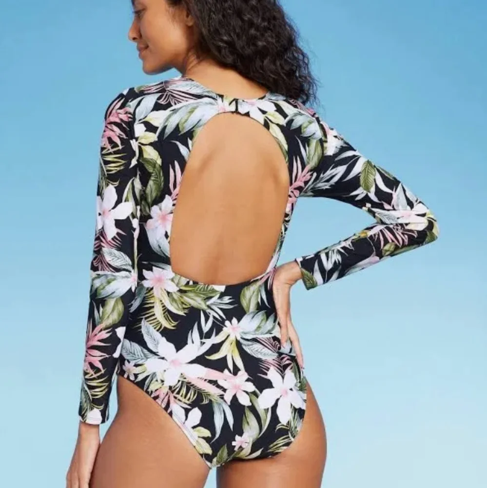 Kona Sol Tropical Print Long Sleeve One Piece Swimsuit